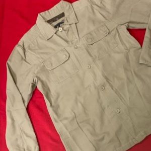 Men’s button down sportsman, long sleeve tan shirt, small/medium
